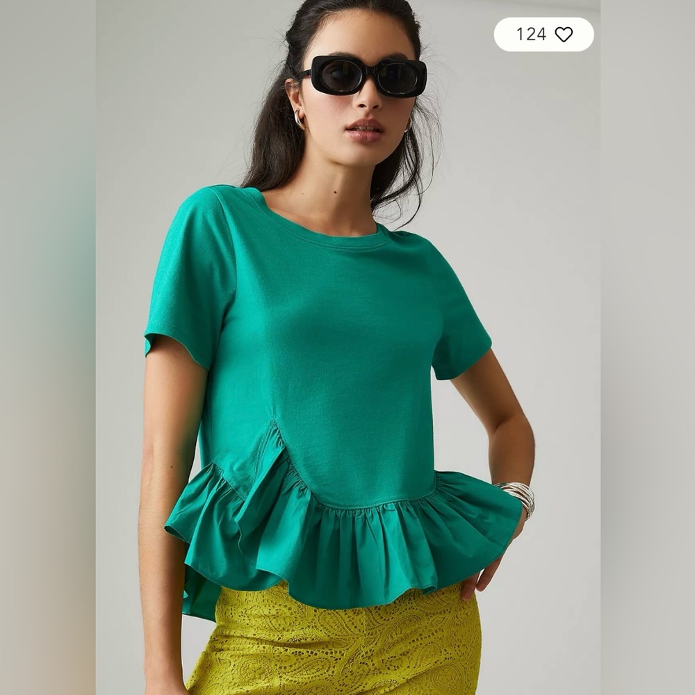 Maeve Teal Ruffle-Hem Short-Sleeve Top